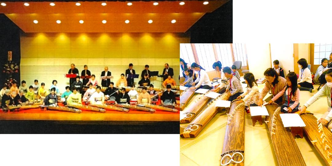 左:スーツや着物を着た奏者が舞台上で箏、尺八、三弦を演奏している写真、右:大和三曲協会の会員が子供達に箏の指導をしている写真
