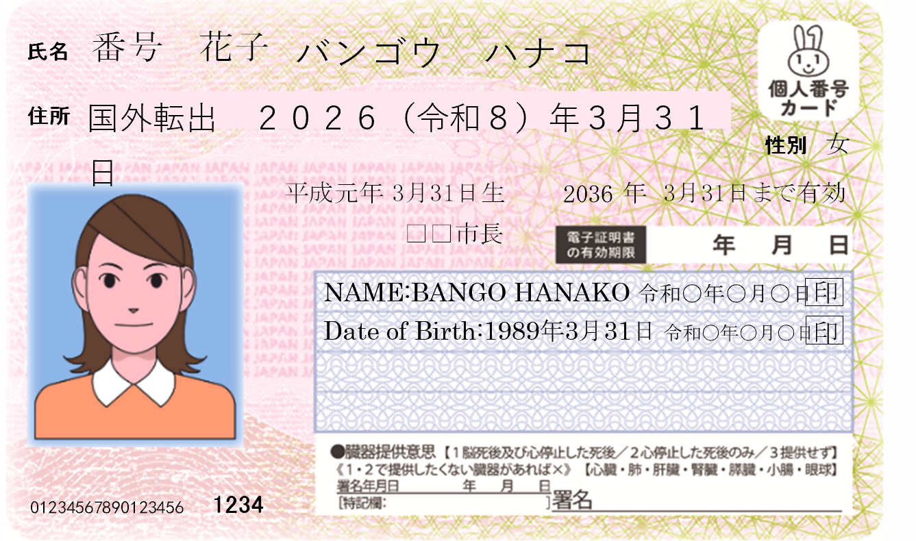 国外転出者向けマイナンバーカードを新規で発行した券面イメージ