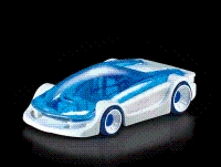 車体が白と水色をしたスポーツカーの形をしたマグネシウム燃料電池カーの写真