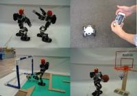 向かい合うロボット、ゴール前でサッカーボールをけるロボット、スマートフォンを持つ手と4輪型のロボット、バスケットボールを持ちゴール下に立つロボットの4枚の写真