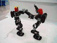 両手を上げ、向かい合う2台のロボットの写真