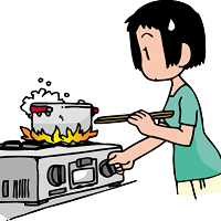 ガスコンロで料理をしている女性が鍋からお湯が噴出しているので火力を下げようとしているイラスト