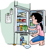 冷蔵庫を開けて中身をみている女性のイラスト