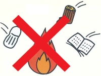 中央に炎の上にバツ印が描かれており、周りにペットボトル、焚き物、本が描かれているイラスト