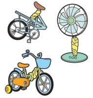 扇風機、三輪車、壊れた自転車のイラスト