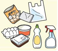 菓子、インスタント食品などの袋、レジ袋、卵パック、カップ麺の容器、コンビニ弁当の容器、プラスチック製のボトルのイラスト