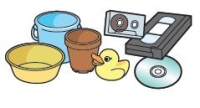 洗面器、カセット、ビデオテープ、CD、あひるのおもちゃのイラスト