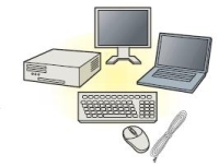 スクリーン、ノートパソコン、キーボード、マウスなどのパソコンリサイクル機器のイラスト