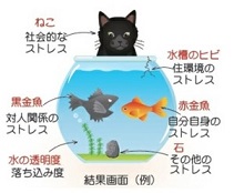 結果画面（例）ねこ（社会的なストレス）黒金魚（対人関係のストレス）水の透明度（落ち込み度）水槽のヒビ（住環境のストレス）赤金魚（自分自身のストレス）石（その他のストレス）