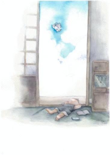 入道雲が広がる空の中心に宇宙飛行士が飛んでいるのが見える和室で寝ている男の子のイラスト
