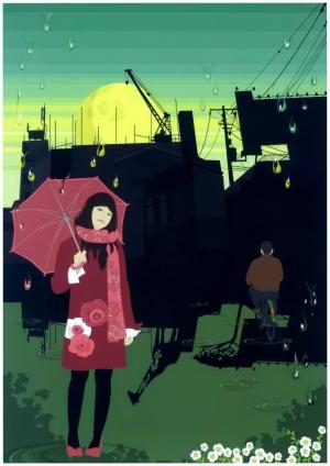 ピンク色のスカーフを巻きピンク色の傘をさし立っている女性の後ろに工場の影が見えているイラスト