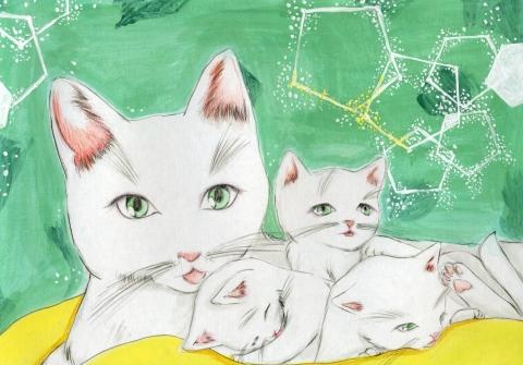 白い3匹の子猫と母猫のイラスト
