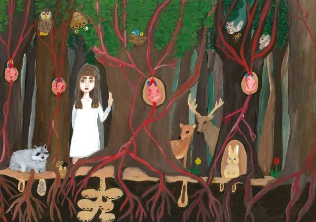 森の木々の間に白いワンピースを着た女の子、シカやタヌキウサギなどの動物、木の幹に血管が流れ心臓が描かれているイラスト