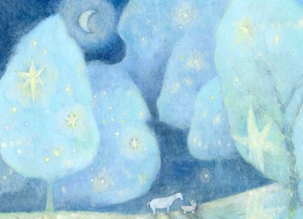 三日月と沢山の星が浮かぶやわらかな雰囲気の夜の森に馬と小さな犬のような動物が描かれているイラスト