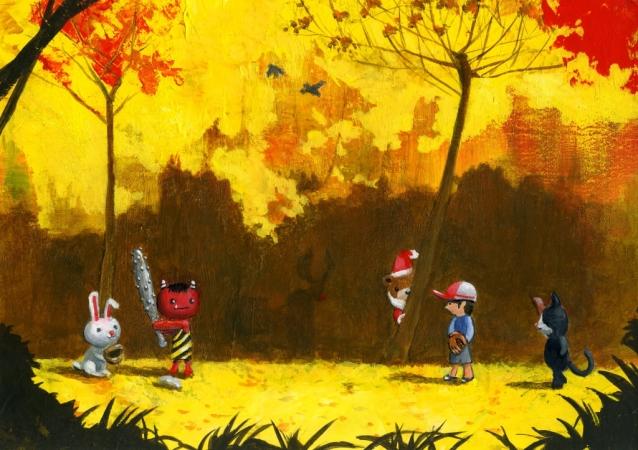 森の中でうさぎ、赤鬼、男の子、黒猫が野球をしてる様子をサンタクロース衣装を着たくまさんが木の陰から覗き見ているイラスト