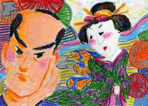 丁髷の髪型の男性と日本髪で着物を着た女性が描かれたイラスト