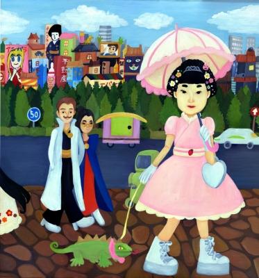 高層ビルとお城が入り混じった街並みがあります。手前の道路には駕籠が車になっている乗り物と現代の車があり、カメレオンをペットにして日本髪にピンク色の傘、ピンク色のワンピースを着た女性が描かかれている近未来の時代が描かれているイラスト