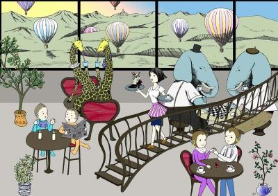 ぞうやキリン、猿など、擬人化された動物がカフェの席について飲み物を飲んでおり、大きな窓には山々と沢山の気球が飛んでいるイラスト