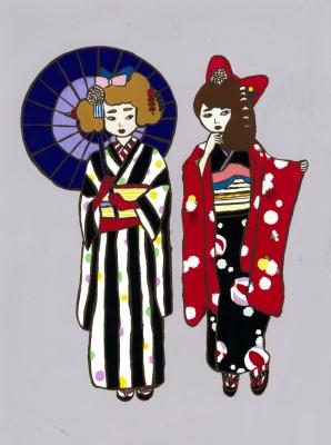 日本傘を持って水玉模様に黒い縦じまの入った着物を着た女性と赤い髪飾りをつけ黒地にまりが描かれており、赤い羽織を着た女性2人のイラスト