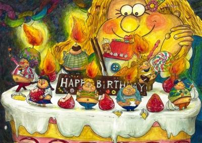 赤い屋根の家や沢山の人々やイチゴなどが大きなケーキにデコレーションされており、ケーキを眺めている女の子のイラスト