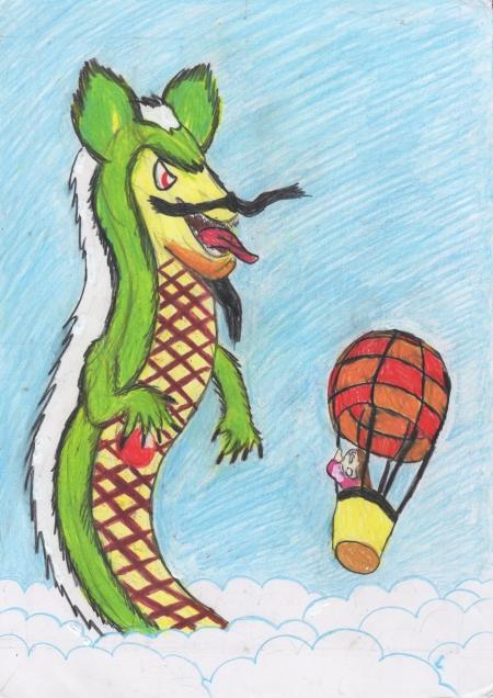 雲の上で気球技に乗った女性と舌を出しているドラゴンのイラスト
