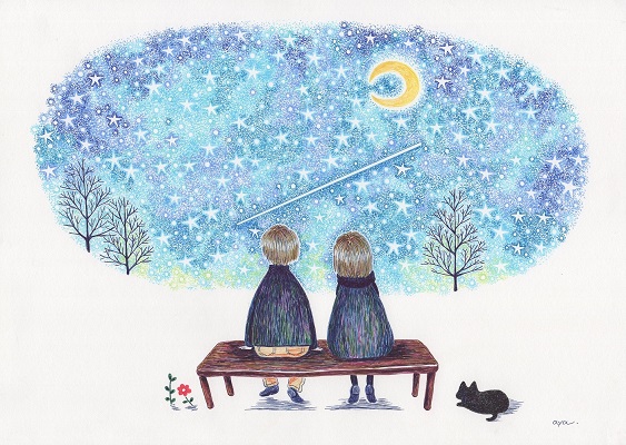 ベンチに腰かけている男女が夜空を見上げた先に星が流れているイラスト