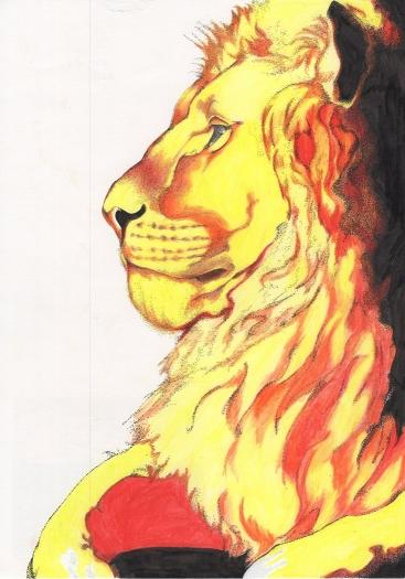 日の出を浴びて黄昏ているライオンを描いている作品の写真