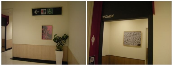 左：イラストが展示されているトイレ案内したを写した写真、右：女性トイレ入り口に展示されたイラストの写真