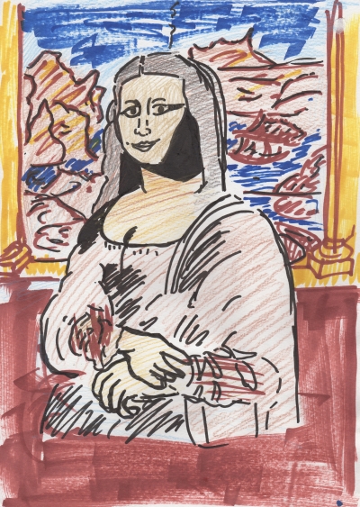 モナリザの絵画をマジックや色鉛筆で表現し模写した作品