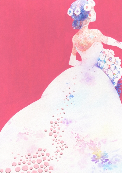 ピンク色のバックにウエディングドレスを着た花嫁の後ろ姿を描写した作品