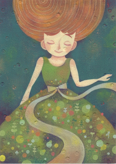 緑色のワンピースを着た笑顔の女性の頭が大きく渦巻き状に描かれているHOPEというタイトルの作品の写真