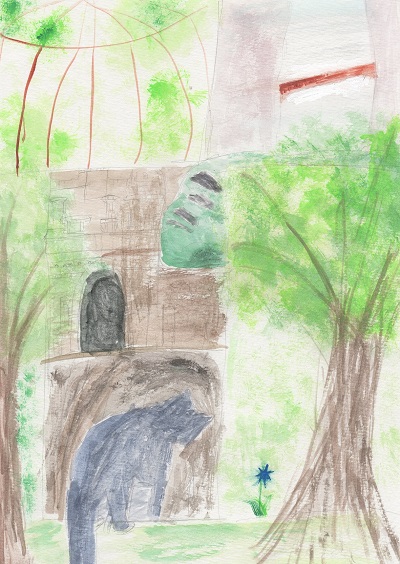 木々に覆われた建物の手前にいる黒猫の後ろ姿を描いた水彩画の作品