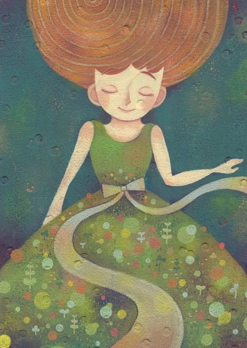 目を閉じた女性の緑色のワンピースのスカートには植物の芽やカラフルな水玉、腰のリボンが曲がりくねった道のように描かれたイラスト