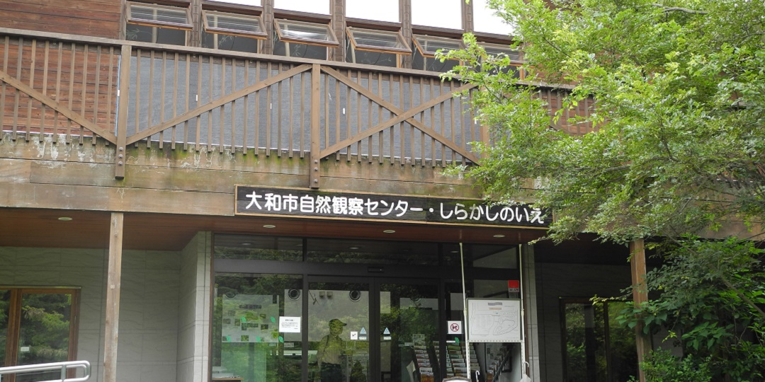 大和市自然観察センター・しらかしのいえと書かれた木造の建物の画像
