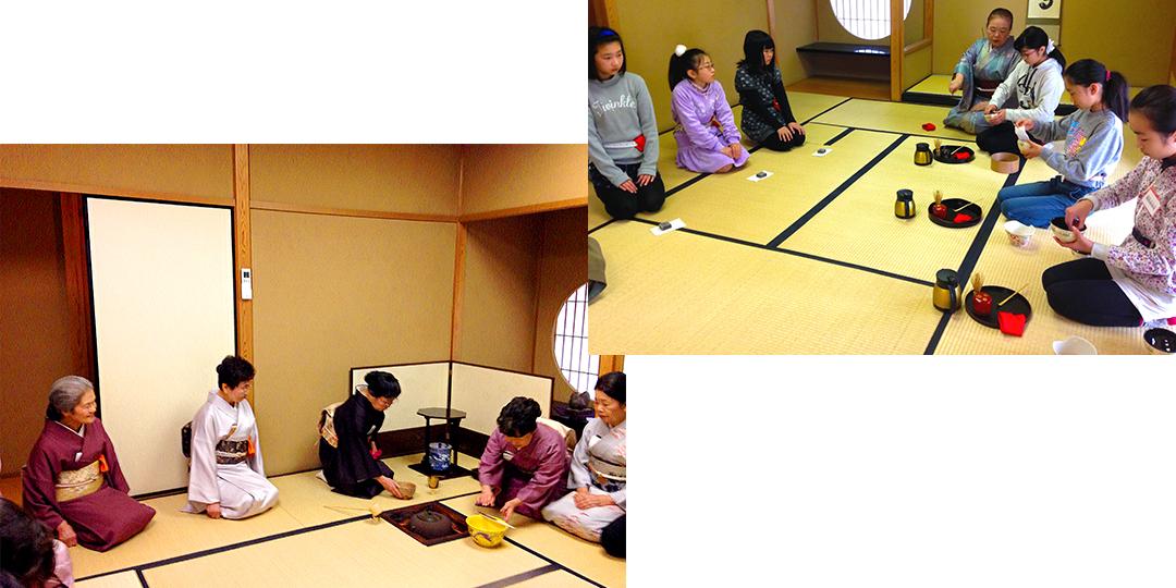 左：着物姿でお茶をたてている大和茶道会の女性たちの写真、右：和室で正座をしてお茶会に参加している女の子と指導している女性の写真