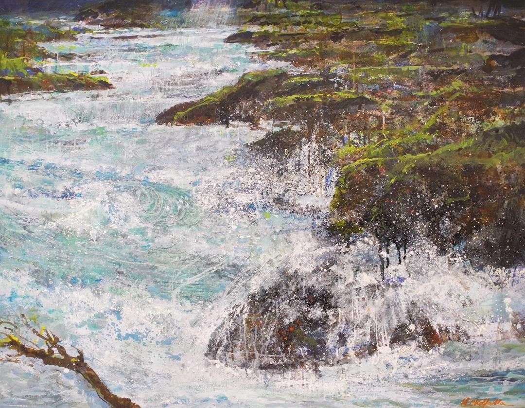 奥入瀬渓流の勢いある水の流れが岩にぶつかり飛沫が飛んでいる絵画