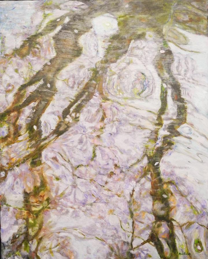 桜が水面に映ってぼやけている様子を表現した絵画