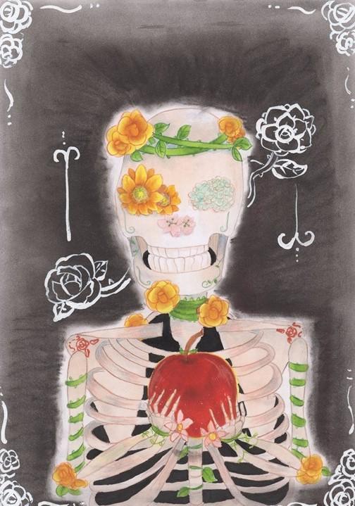 左目がオレンジ色の花、右目が白い花、頭には黄色い花の花冠、首と腕には黄色い花のつるが巻き付いている骸骨が赤いリンゴを持っているイラスト