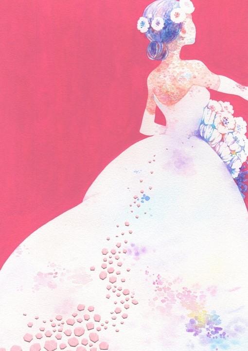 背景がピンク色、頭に花冠、白い花のブーケを持って白いドレスを着たの花嫁の後ろ姿のイラスト