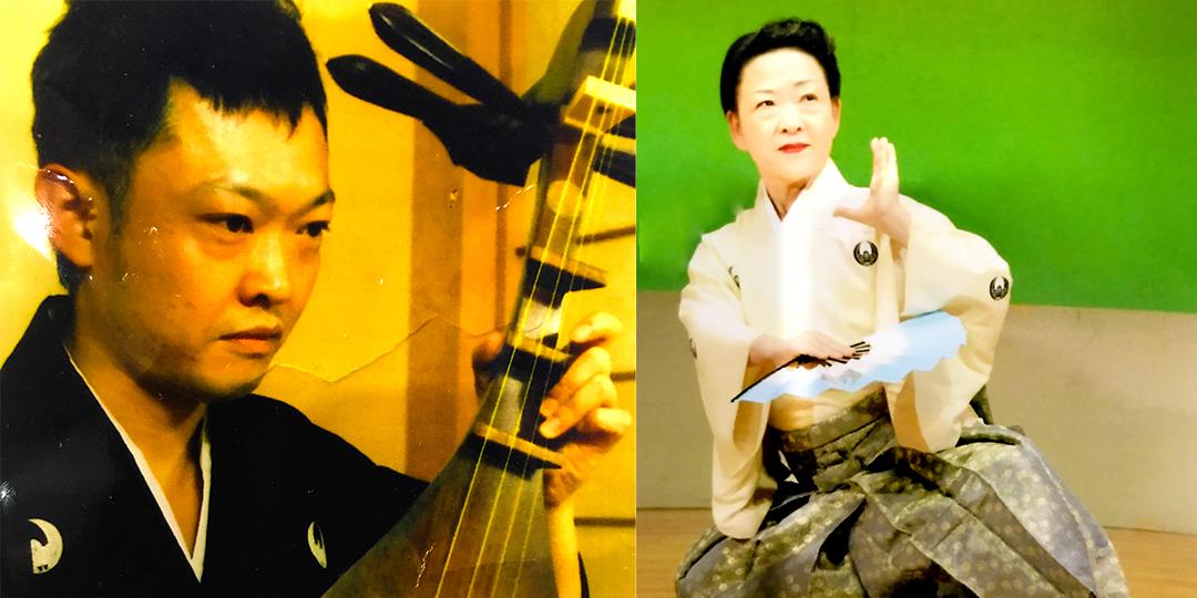 左：琵琶を演奏している鎌田薫水氏の写真、右：袴を着て扇子を持ち日本舞踊を踊っている女性の写真