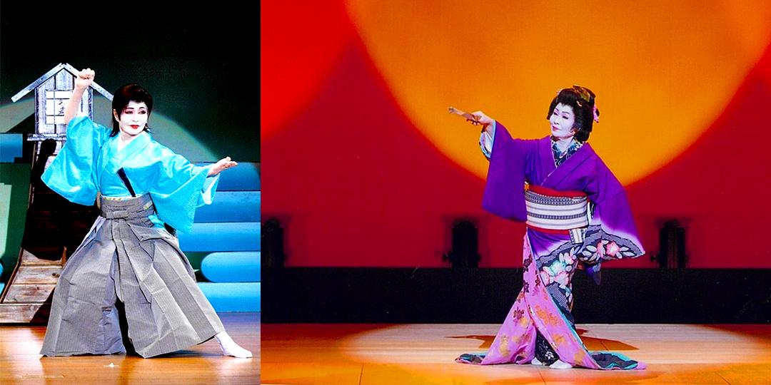 左側は袴姿の男装で右手の拳を上げ踊っている舞踊家、右側は紫色の着物を着て右手に扇子を持ち踊っている舞踊家の写真