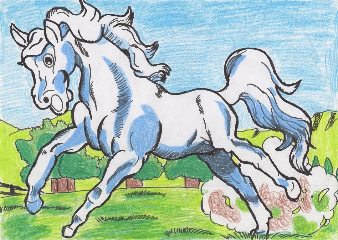 芝生を駆け回っつている白い馬のイラスト