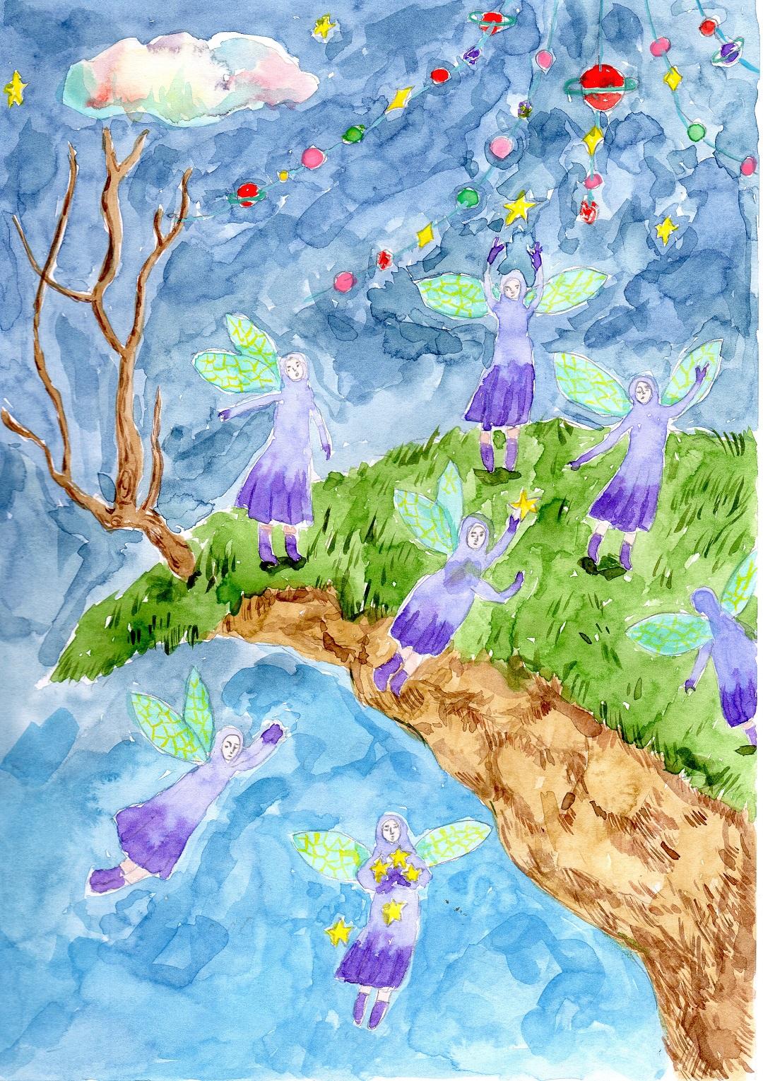 紫色の服を着た羽虫たちが大きな緑豊かな枝の上でお祭りを楽しんでいるイラスト