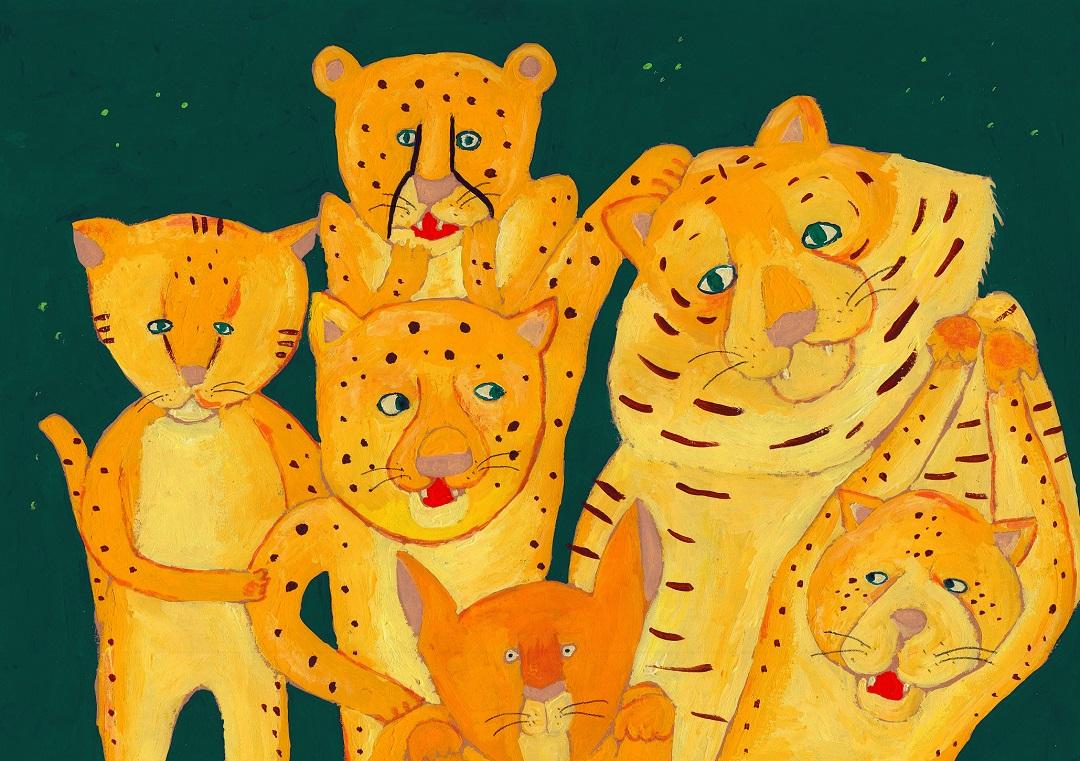 夜空の下、虎や豹の家族のような6匹が嬉しそうに会話をしているようなイラスト