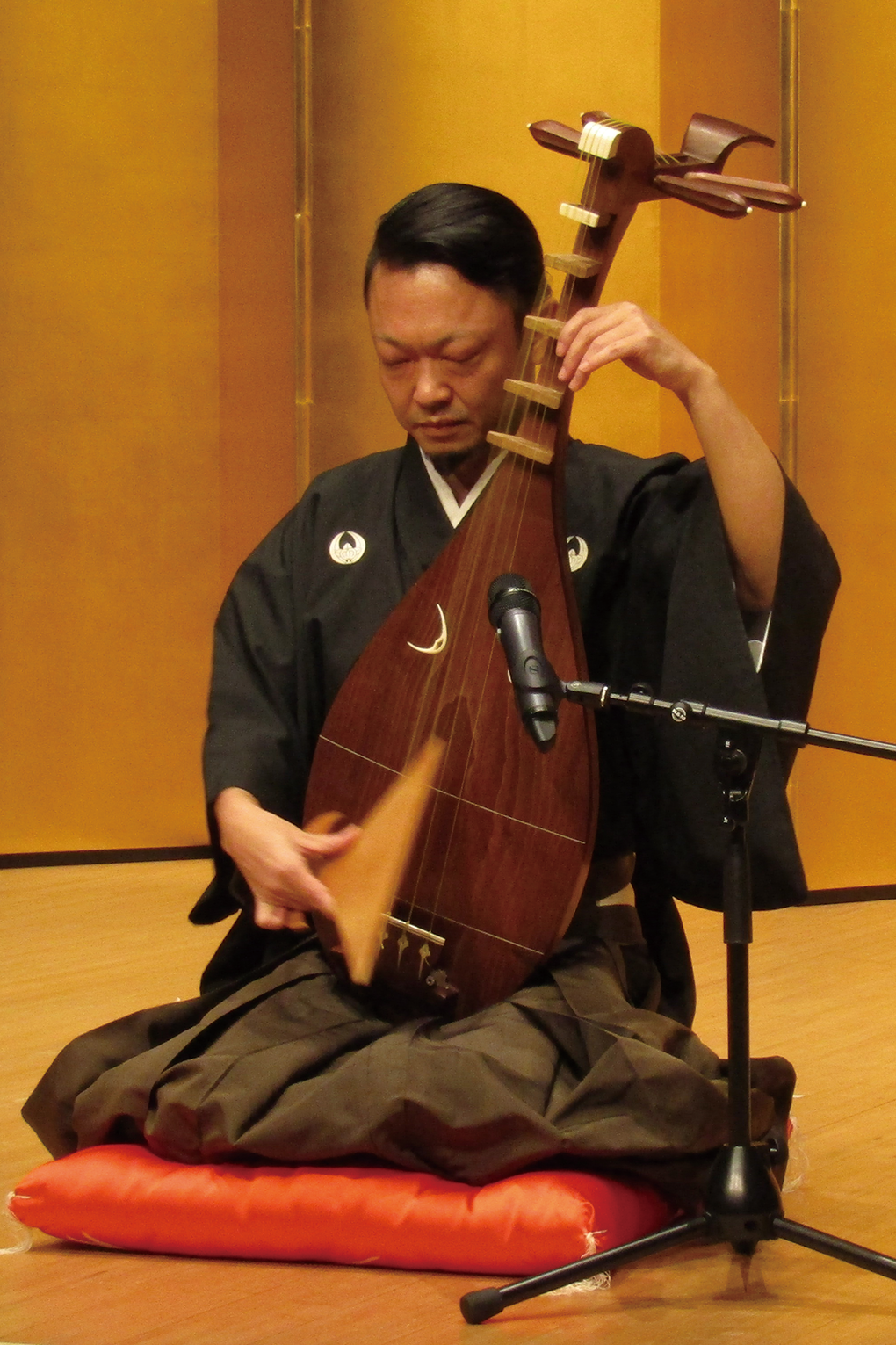 金屏風の前で座布団に座りながら目をつぶり、薩摩琵琶を演奏している鎌田薫水さんの写真