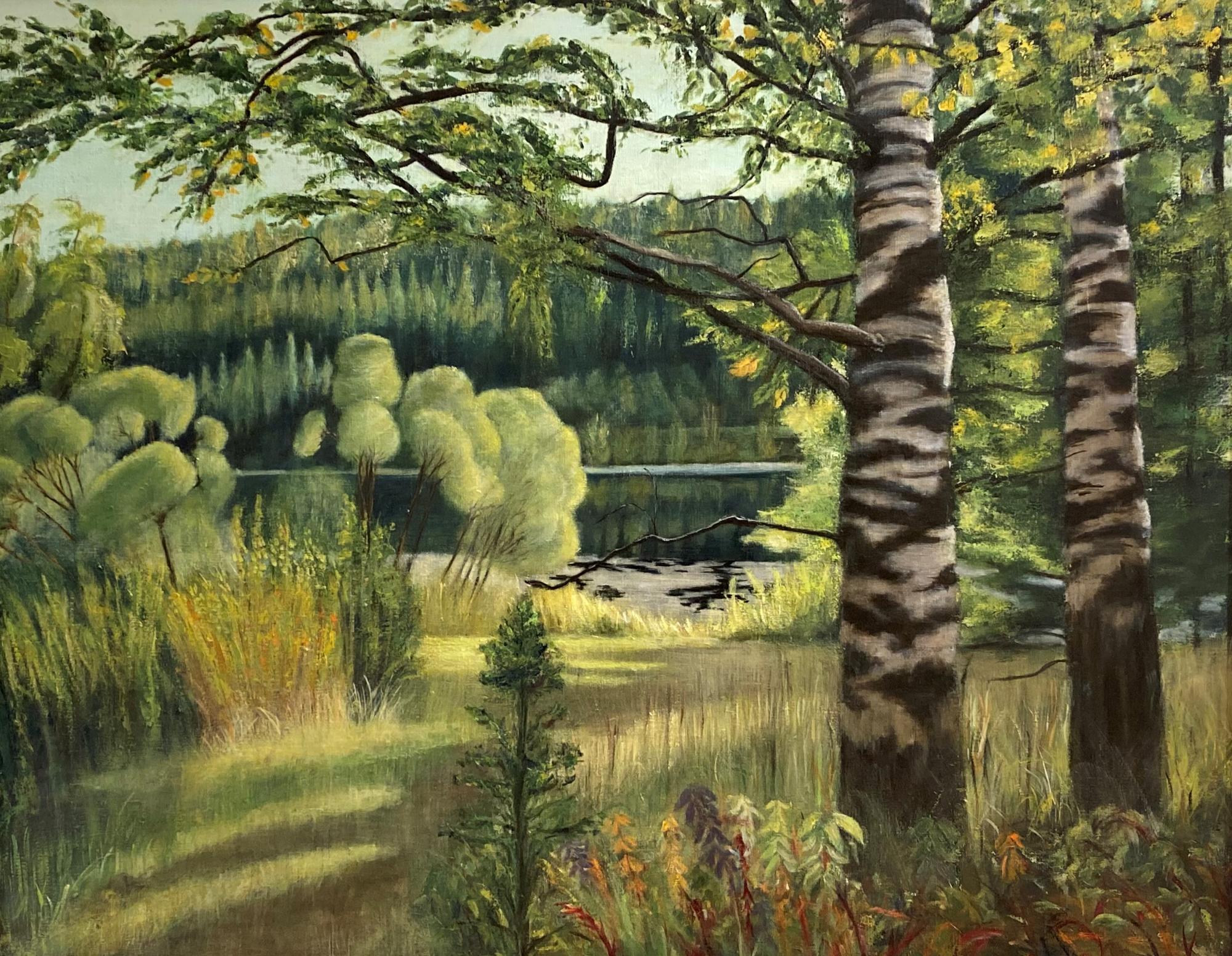 横長の画面の右2本の樹とその周辺に草木、湖がキャンバスいっぱいに描かれている作品