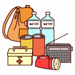非常持出袋の中に準備したペットボトルや救急箱、懐中電灯、ラジオ、缶詰などのイラスト