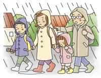 大雨が降る中、合羽を着て避難している家族のイラスト