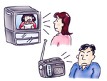 テレビを見ている女性とラジオを聞いている男性がそれぞれ台風情報を確認しているイラスト