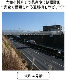 大和4号橋の下を走る車の写真と、その上部に「大和市橋りょう長寿命化修繕計画～安全で信頼される道路橋をめざして～」と書かれてある画像